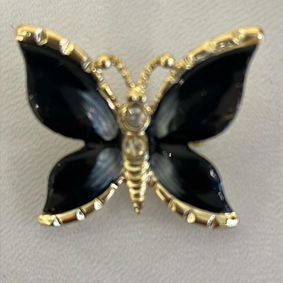 Black Enamel Goldtone 1” Butterfly Brooch Pin - Picture 1 of 2